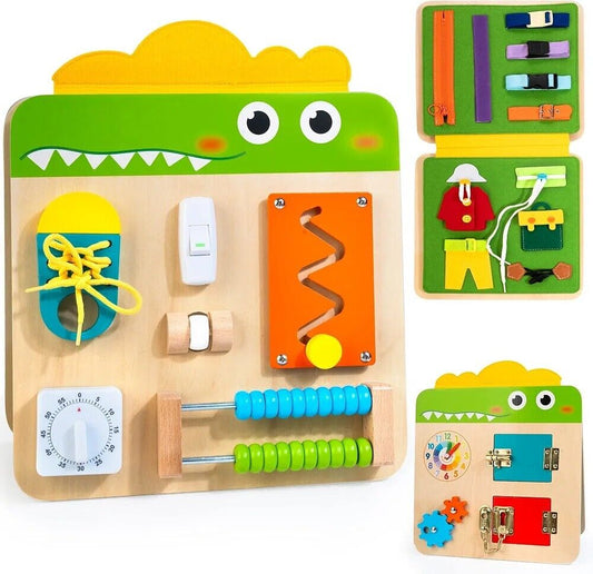 Colourful crocodile busy board for kids featuring various engaging activities to enhance motor skills