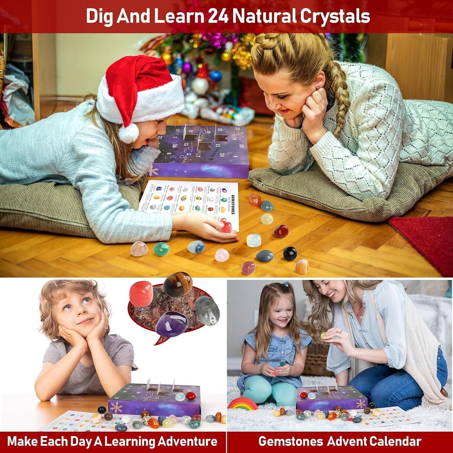 Crystal Advent Calendar 2024 featuring children exploring and learning about 24 natural crystals during festive season
