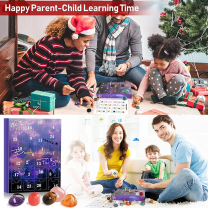 Family enjoying time together with the Crystal Advent Calendar 2024 and colourful gems laid out on the floor