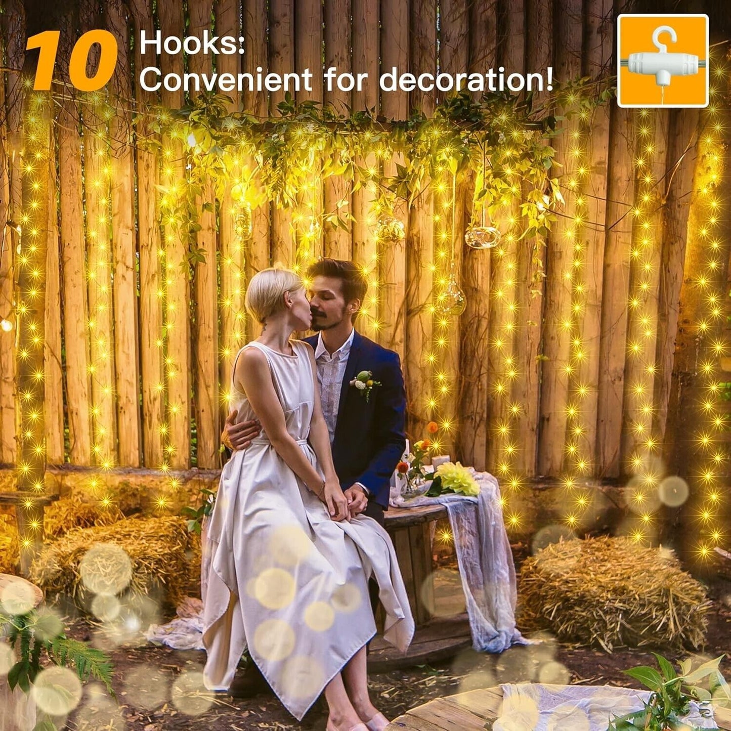 Curtain fairy lights indoor outdoor illuminating a rustic venue, perfect for romantic events and decoration