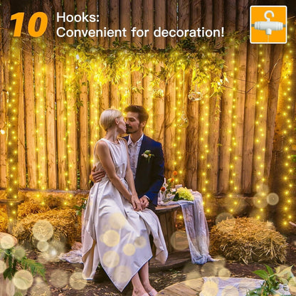 Curtain fairy lights indoor outdoor illuminating a rustic venue, perfect for romantic events and decoration