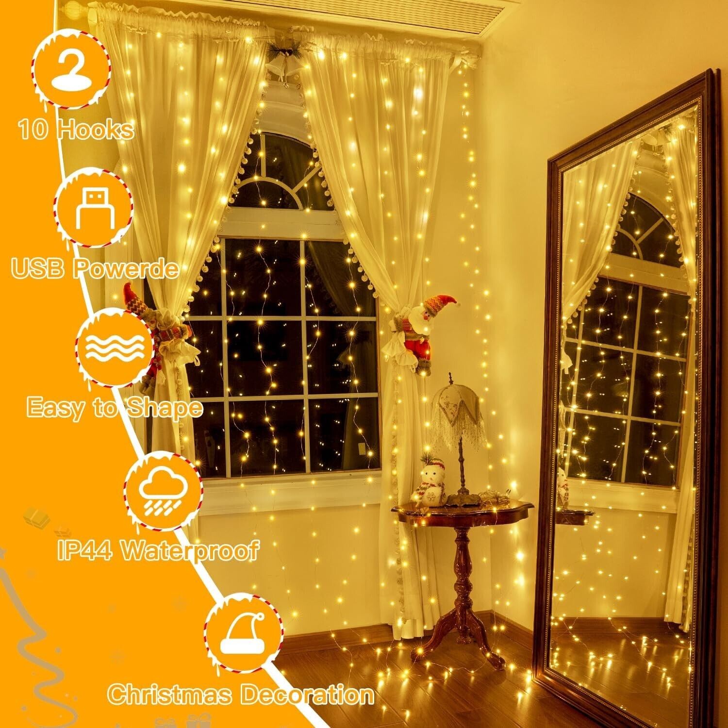 Curtain fairy lights indoor outdoor with 10 hooks, USB powered, waterproof for festive Christmas decoration