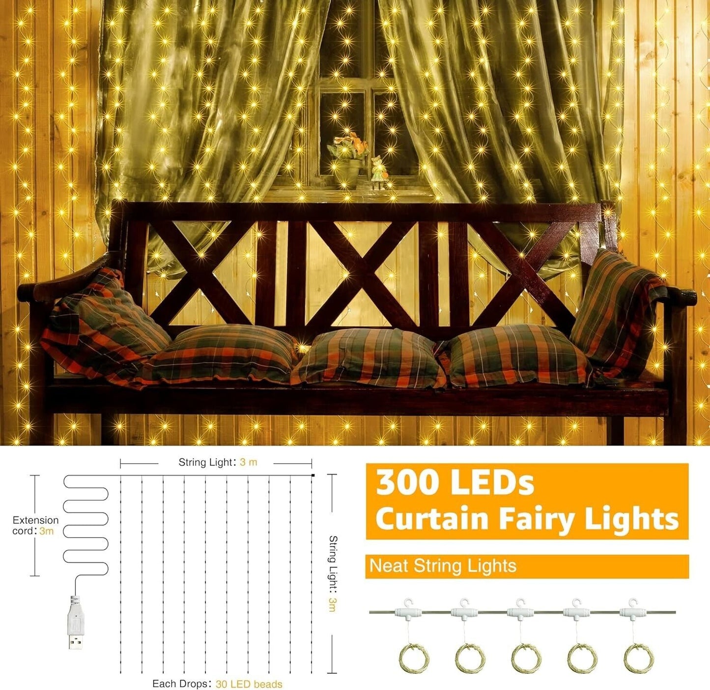 300 LEDs curtain fairy lights indoor outdoor hanging on a wall behind a bench for decorative lighting