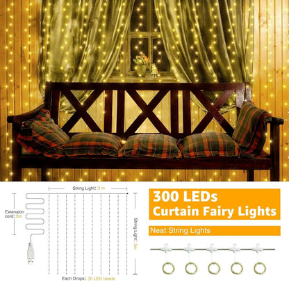 300 LEDs curtain fairy lights indoor outdoor hanging on a wall behind a bench for decorative lighting