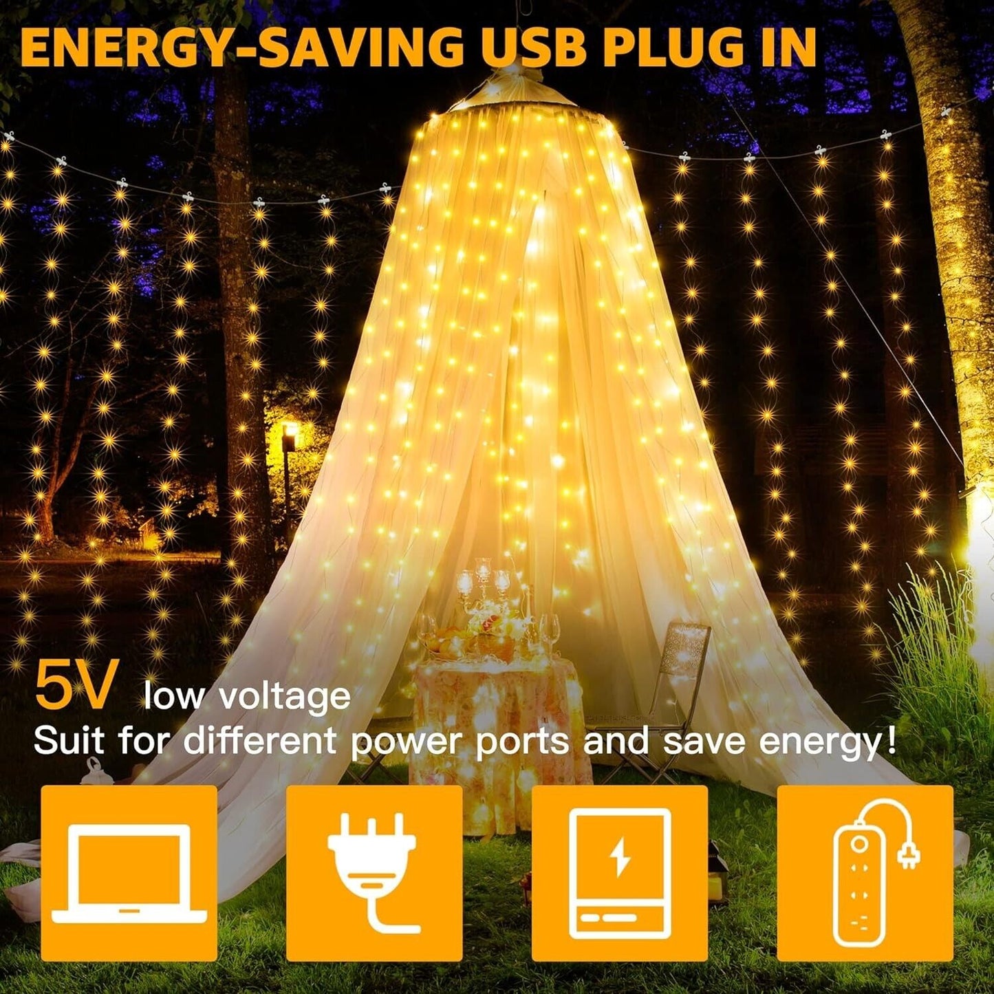Energy-saving USB plug in curtain fairy lights indoor outdoor, perfect for decorating tents or outdoor spaces