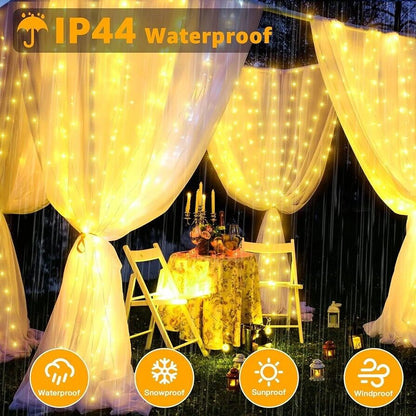 Elegant curtain fairy lights indoor outdoor illuminating a romantic dining setup under draped fabric