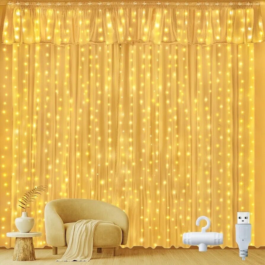 Curtain fairy lights indoor outdoor glowing softly against a warm yellow backdrop for decorative purposes