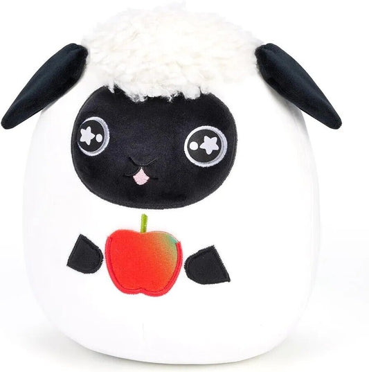 Adorable cute sheep plush toy with a black face and an apple design on its body