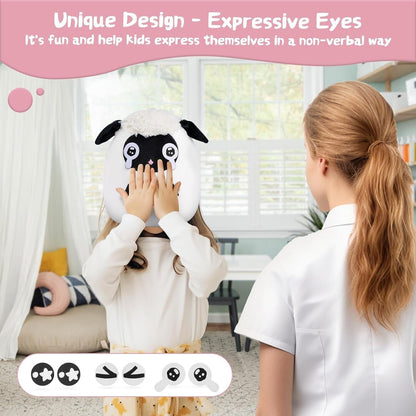 Cute sheep plush toy with expressive eyes for fun, non-verbal interactions in children