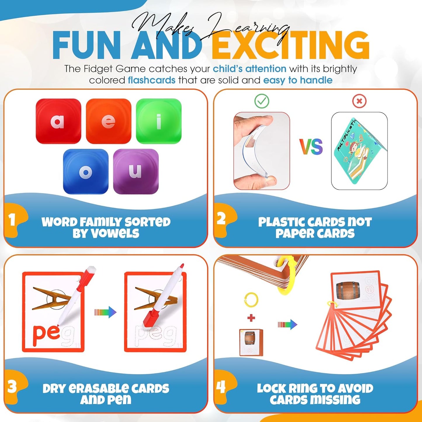 Brightly coloured CVC phonics word game for kids featuring plastic cards and dry erase options