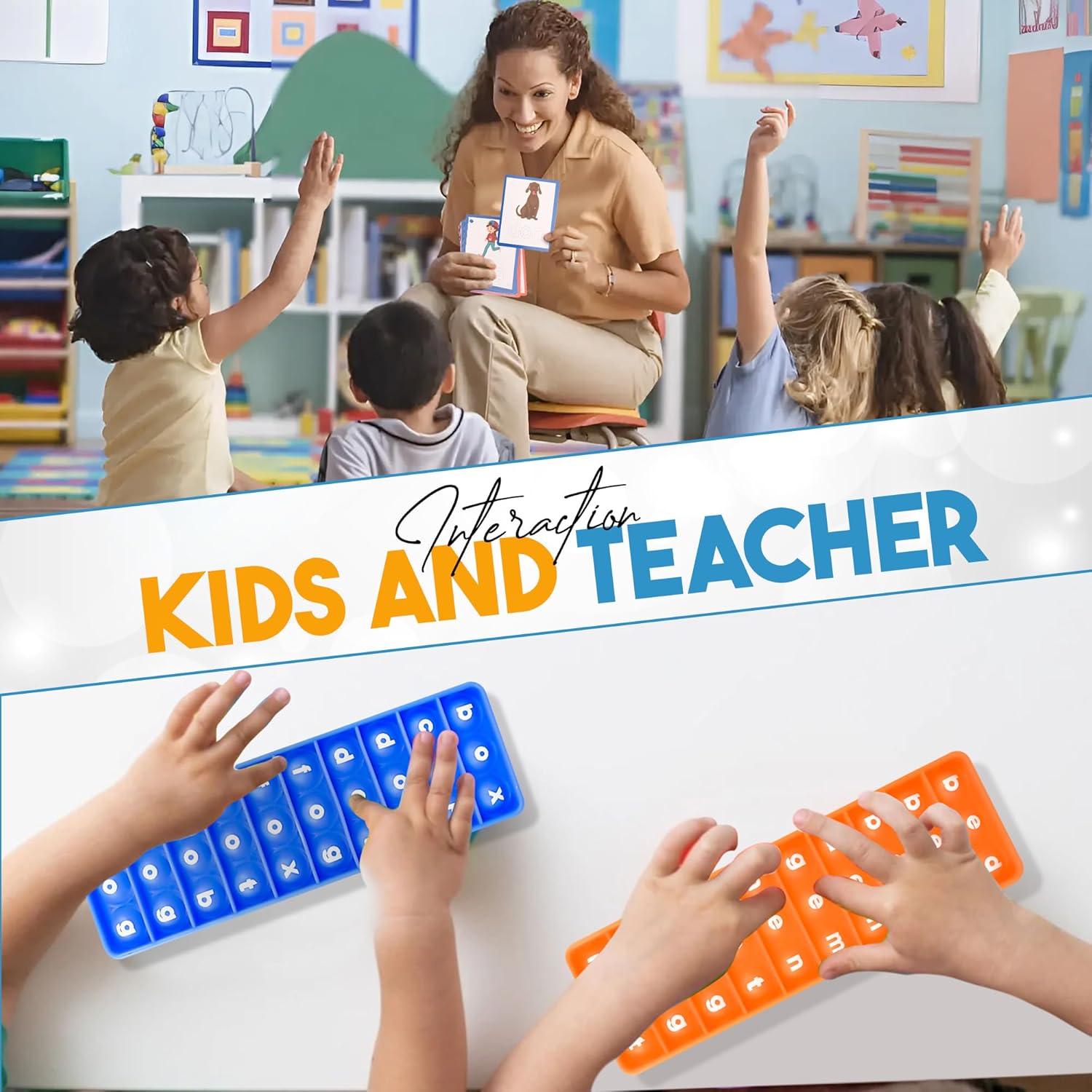 Interactive CVC phonics word game for kids with teacher guiding students during play