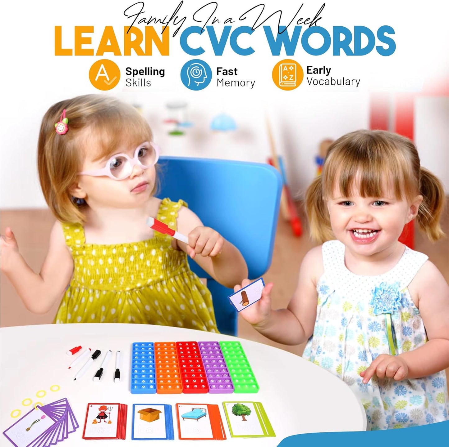 Children playing with the CVC phonics word game for kids, enhancing spelling skills and vocabulary