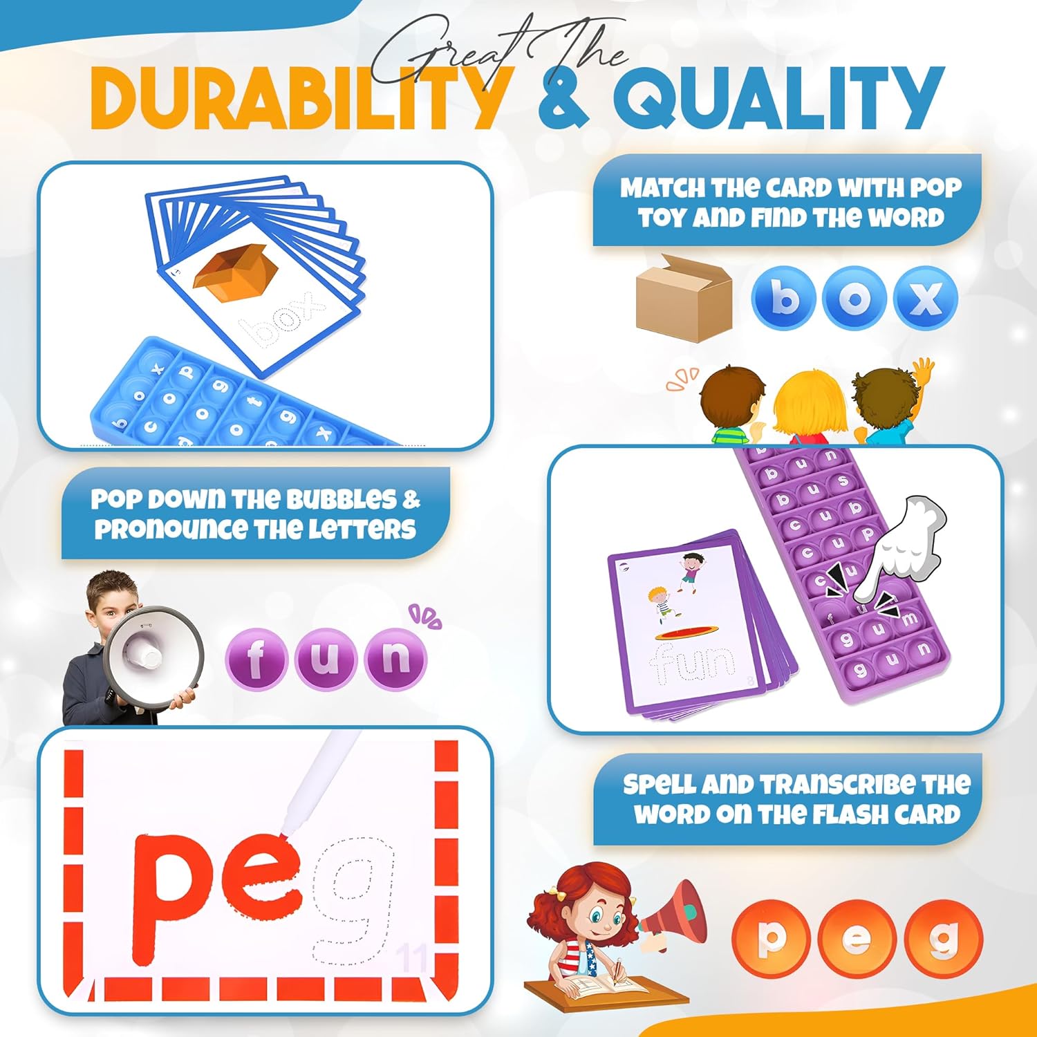 CVC phonics word game for kids with colourful cards and bubble popper for learning fun
