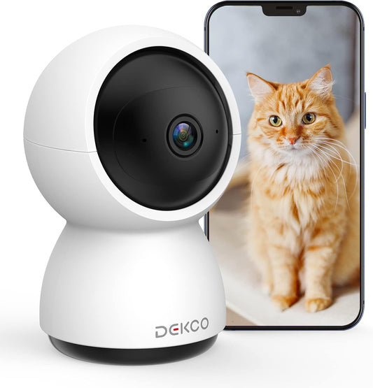 Dekco 2K indoor CCTV camera with sleek design, monitoring pets with real-time alerts on mobile