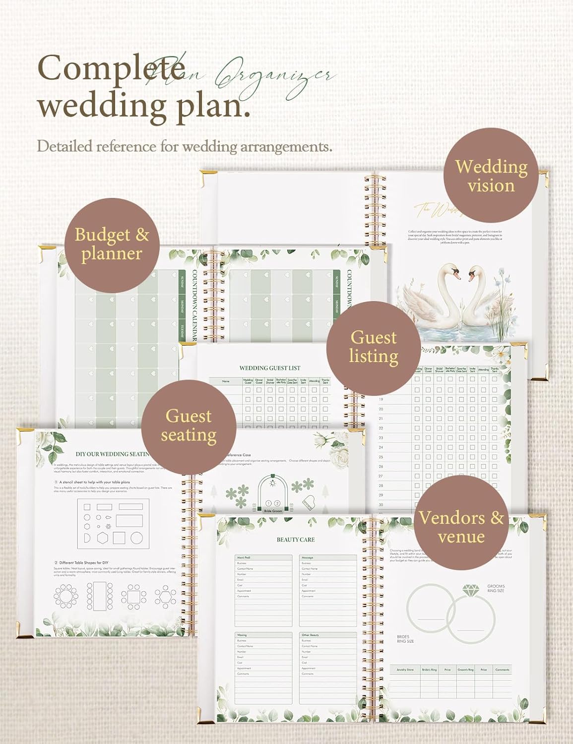 Aisbugur wedding planner book UK showcasing budget, seating, and vendor pages for wedding arrangements