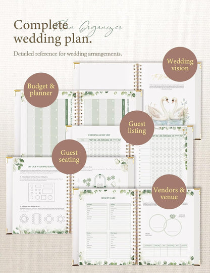 Aisbugur wedding planner book UK showcasing budget, seating, and vendor pages for wedding arrangements