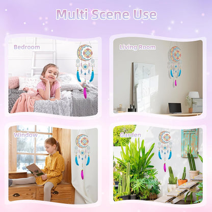 AONYIYI diamond painting kit moon and feather displayed in a bedroom, garden, and window settings