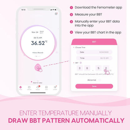 Femometer app interface for digital basal thermometer for fertility tracking with temperature input options