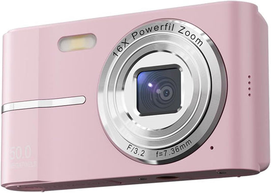 Pink digital camera for kids teens featuring 16X powerful zoom and a compact design