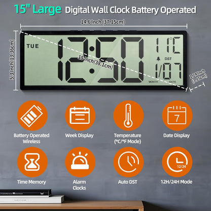 15 inch large digital wall clock battery operated with week display and temperature feature