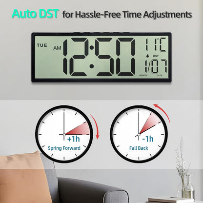 Mee 2ou digital wall clock battery operated with large display and auto DST feature for easy time adjustments