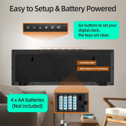 Back view of Mee 2ou digital wall clock battery operated showing setup buttons and battery compartment