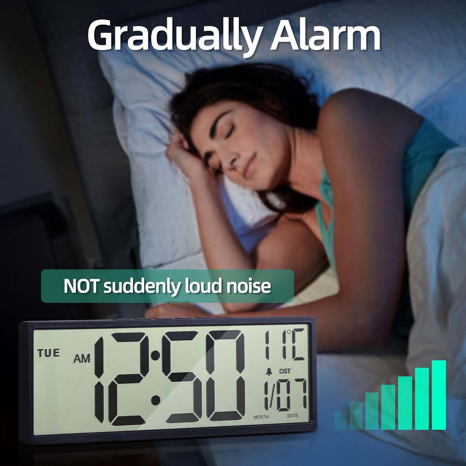 Mee 2ou digital wall clock battery operated with gradually increasing alarm and large display