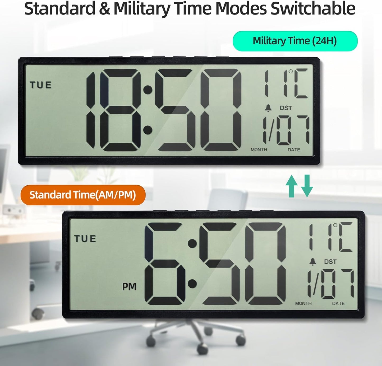 Mee 2ou digital wall clock battery operated with standard and military time modes displayed