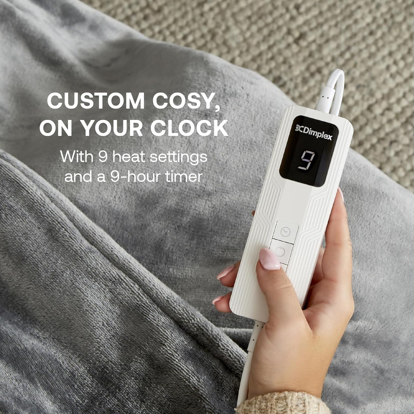 Dimplex washable electric blanket UK with control panel featuring 9 heat settings and a timer