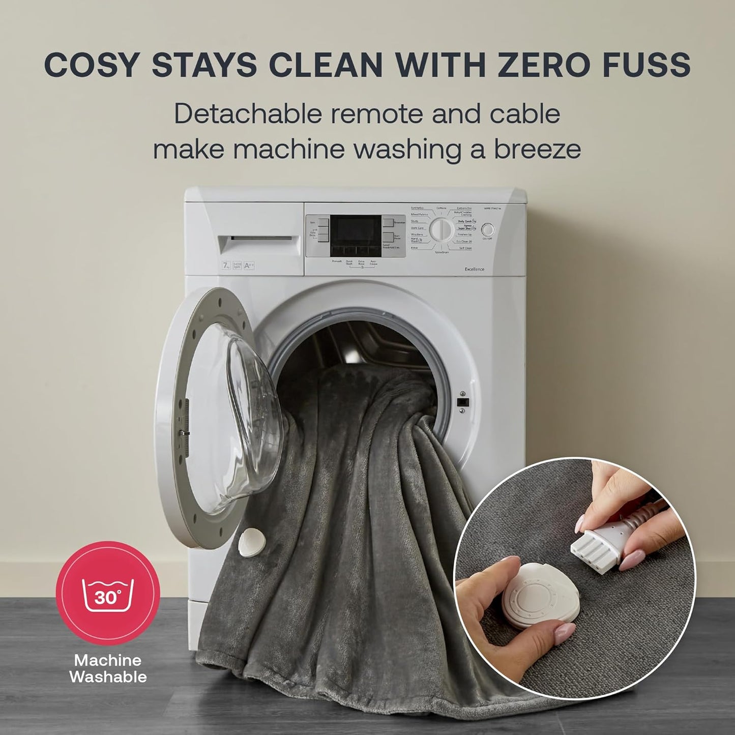 Dimplex washable electric blanket UK being easily washed in a machine with detachable remote and cable