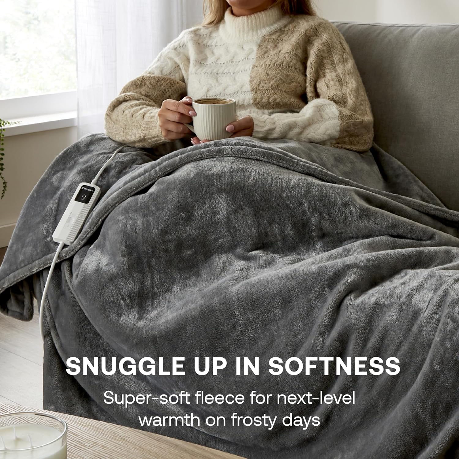 Dimplex washable electric blanket UK in soft grey fleece for warmth on frosty days