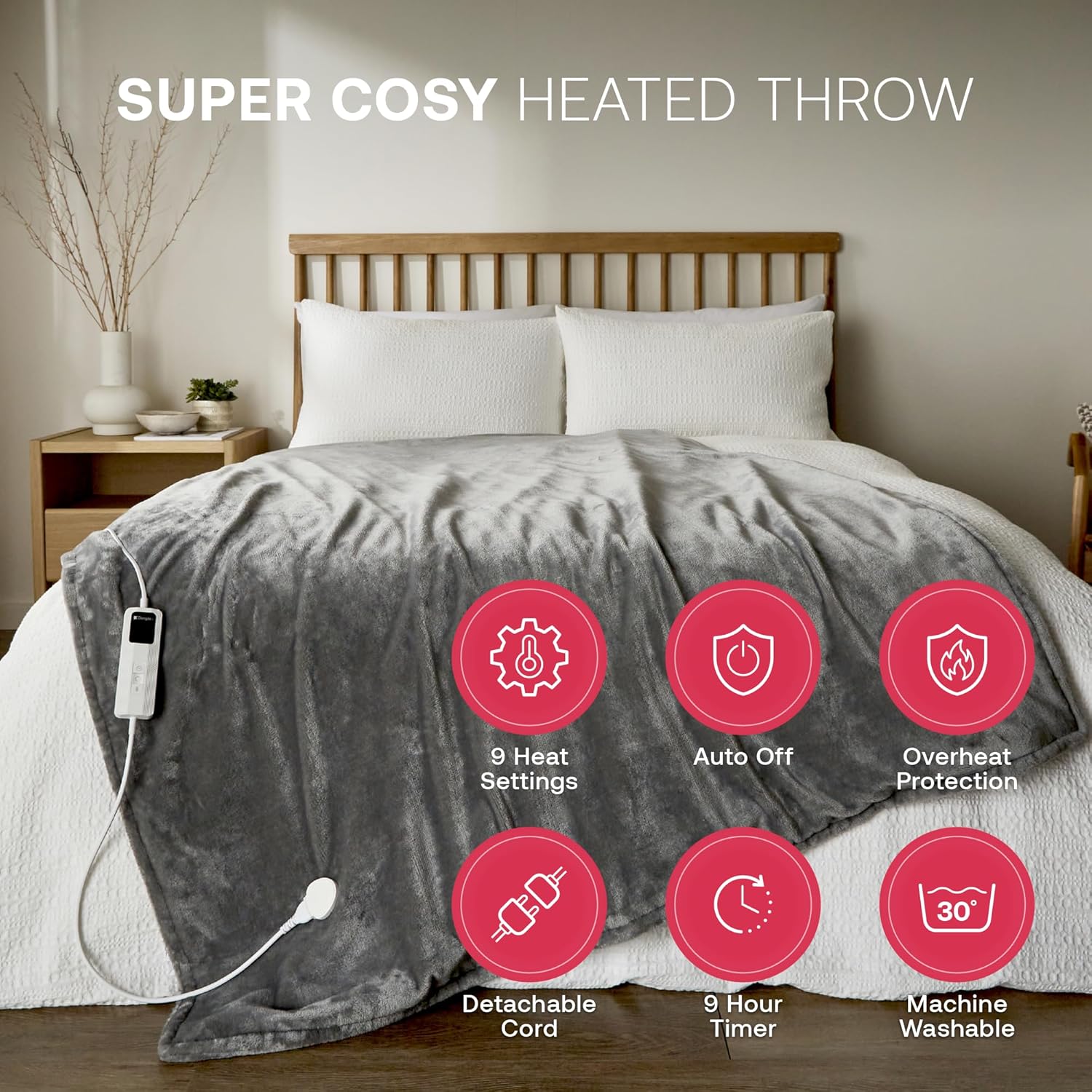 Dimplex washable electric blanket UK in grey on a double bed, featuring nine heat settings and auto off function