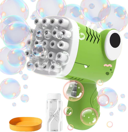 Ruutcasy dinosaur bubble machine for toddlers in green with bubbles floating around