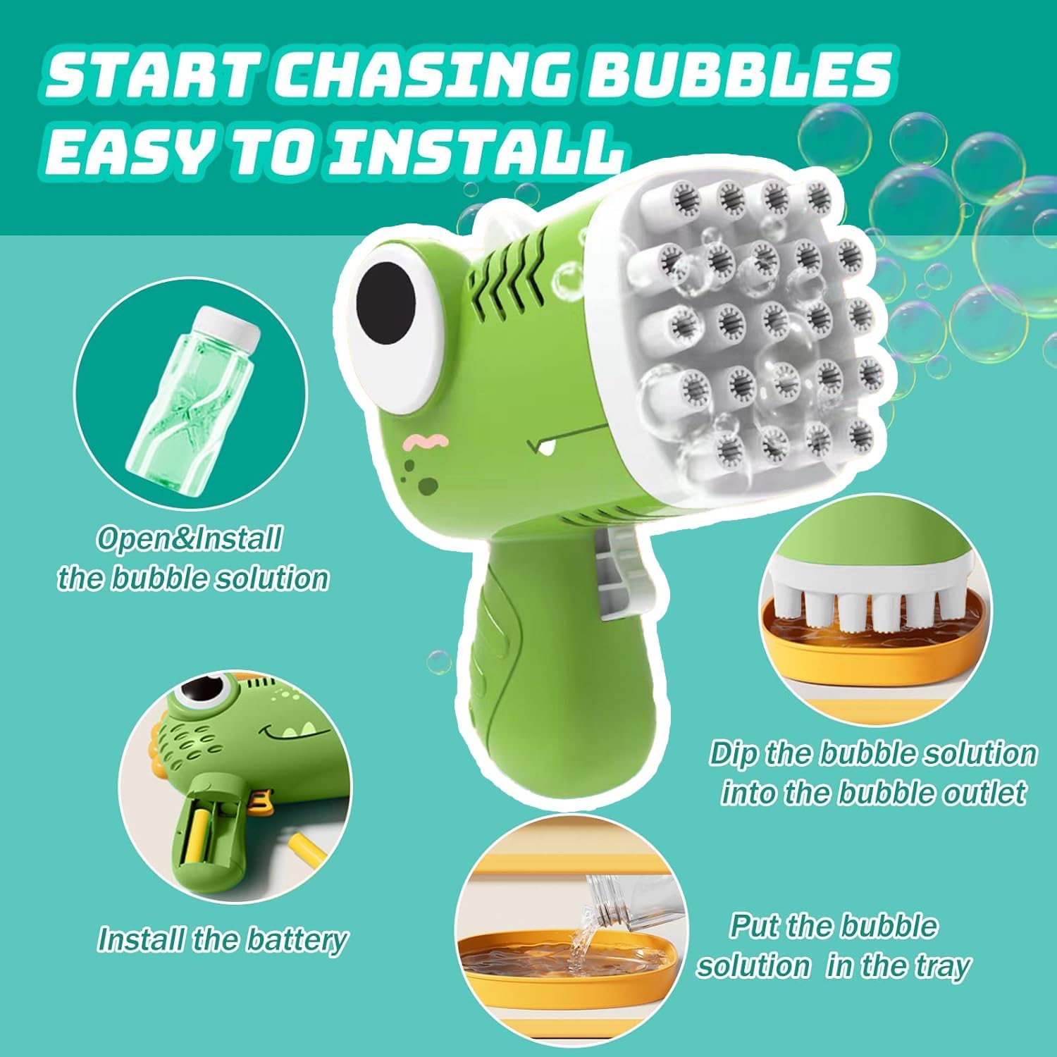 Ruutcasy dinosaur bubble machine for toddlers with easy installation features and bubble solution tray
