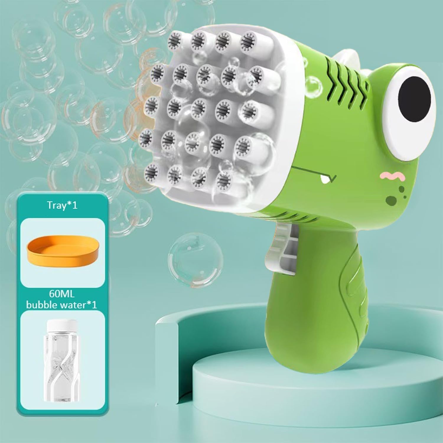 Ruutcasy dinosaur bubble machine for toddlers in green, creating fun bubbles for outdoor play