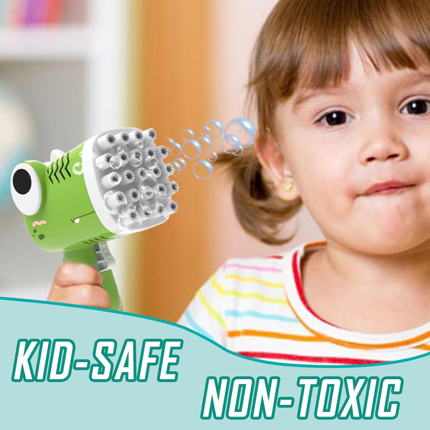 Child holding a green dinosaur bubble machine for toddlers, safe and easy to use