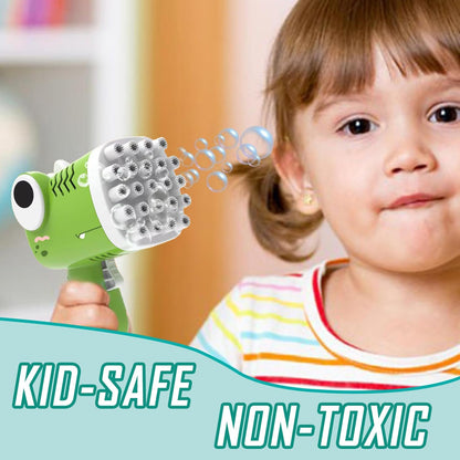 Child holding a green dinosaur bubble machine for toddlers, safe and easy to use