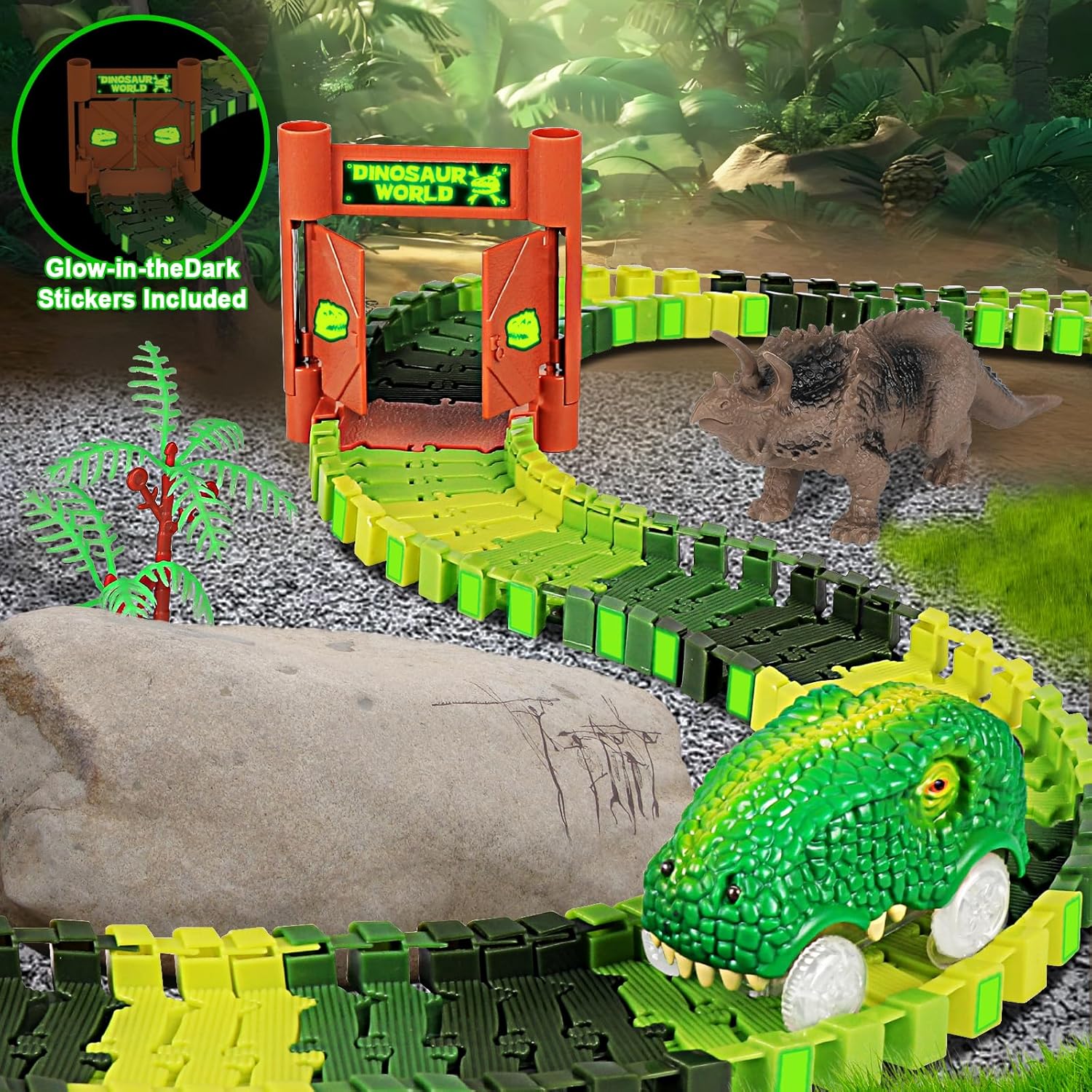 Dinosaur race track toy set featuring glow-in-the-dark stickers and interactive dinosaur figures