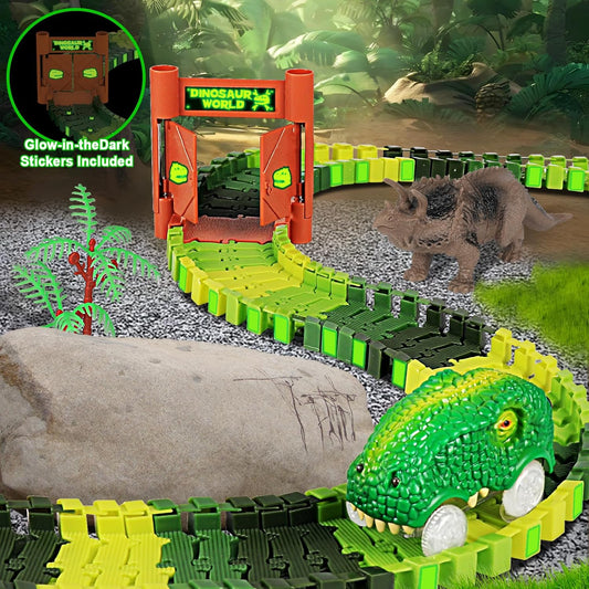Dinosaur race track toy set featuring glow-in-the-dark stickers and interactive dinosaur figures