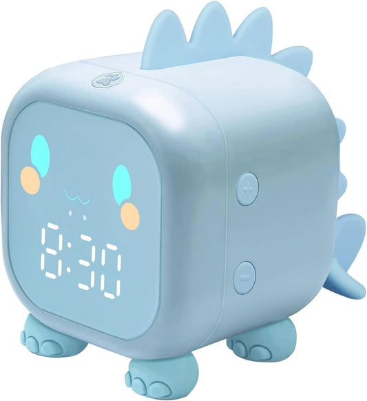 Cute blue dinosaur sleep training clock for kids with bright LED display and playful design