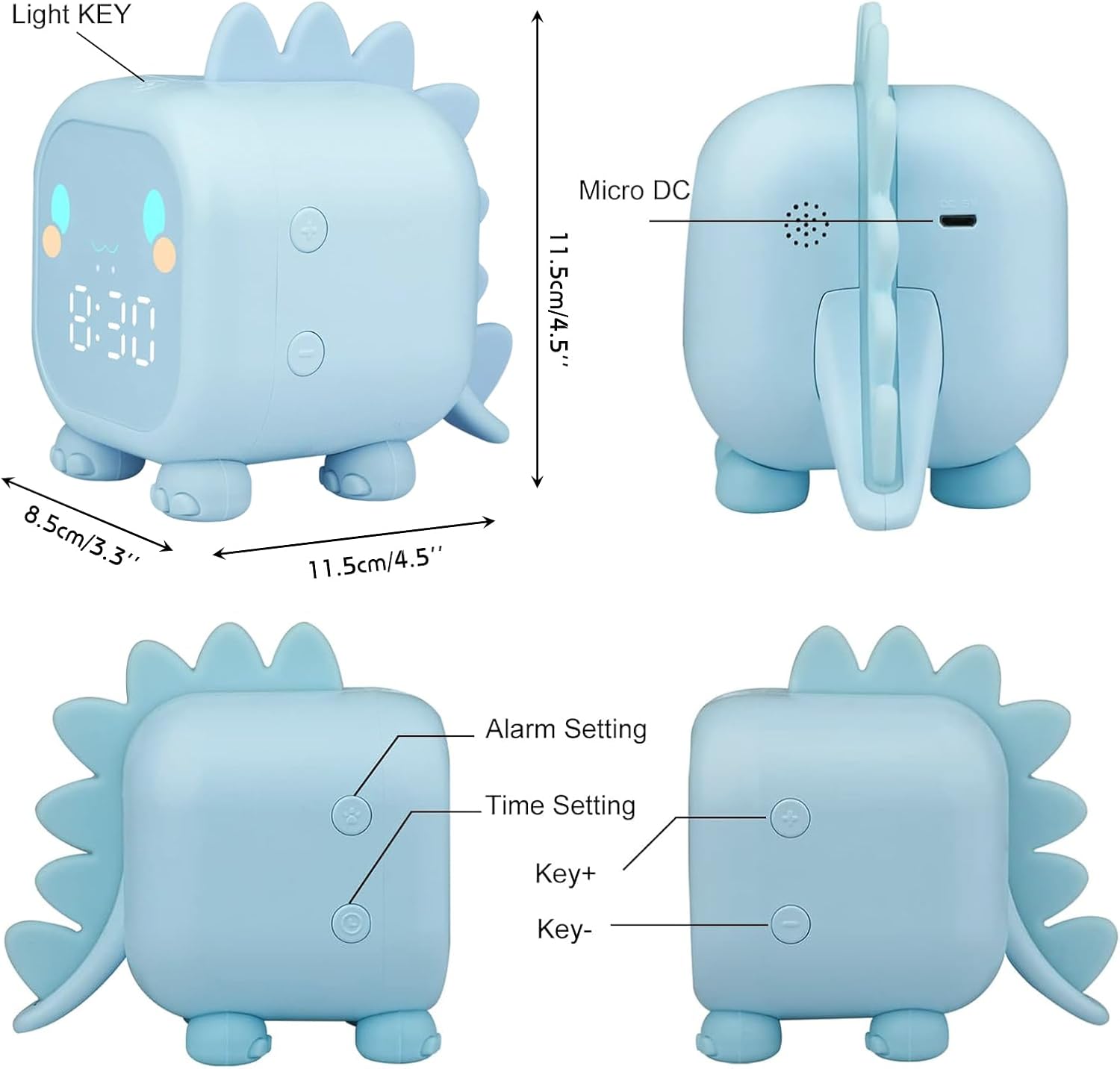 Cute blue dinosaur sleep training clock for kids with digital display and adjustable settings