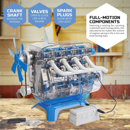 Discovery model engine kit for kids showcasing full-motion components and glowing spark plugs