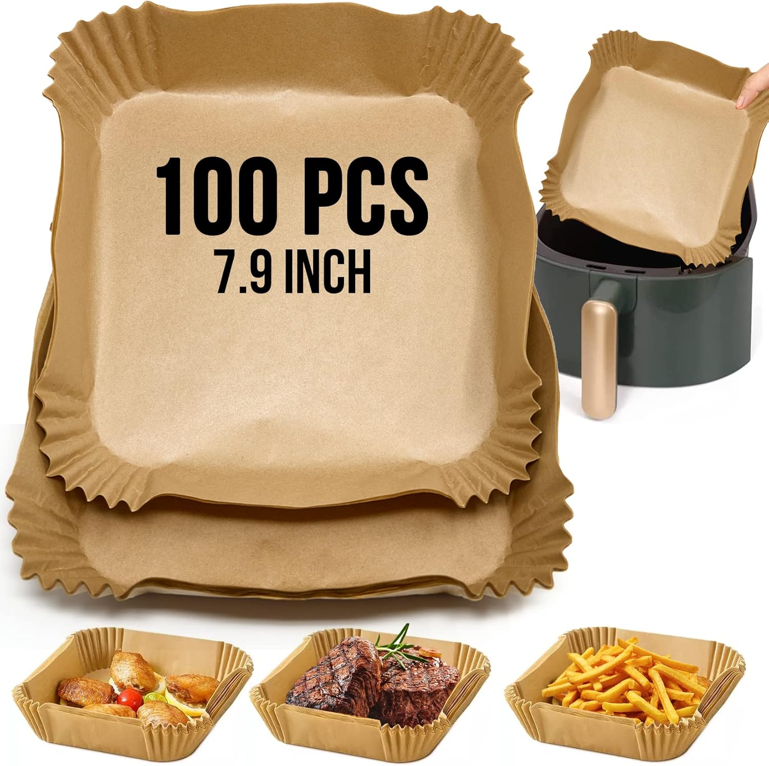 Pips Products disposable air fryer liners 100 pack, 7.9 inch square liners for easy frying and cleanup