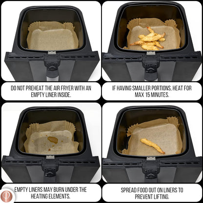 Disposable air fryer liners 100 pack in an air fryer showing cooking tips for optimal use