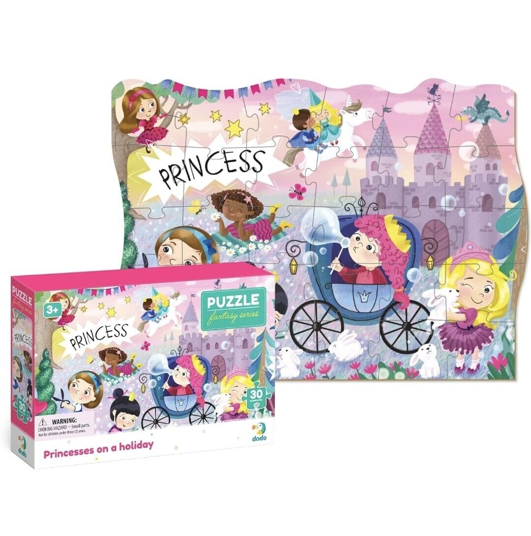 Princess jigsaw puzzle for kids featuring colourful princesses and a carriage on a holiday theme