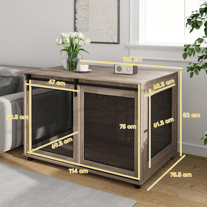 Pawhut dog cage end table for large dogs in wood finish with spacious interior and mesh doors