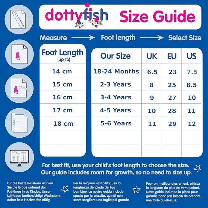 Dotty Fish size guide for barefoot leather shoes for children with measurement instructions