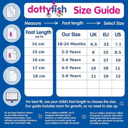 Dotty Fish size guide for barefoot leather shoes for children with measurement instructions