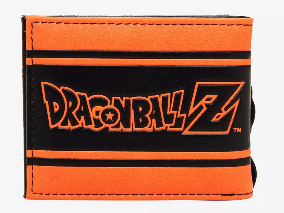 Dragon Ball Z group character wallet featuring a bold orange and black design with iconic logo