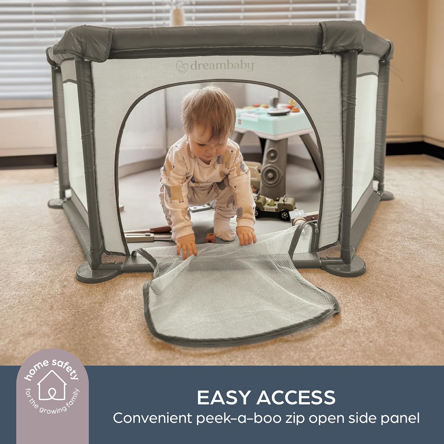 Dreambaby deluxe baby playpen with padded sides featuring easy access zip open side panel
